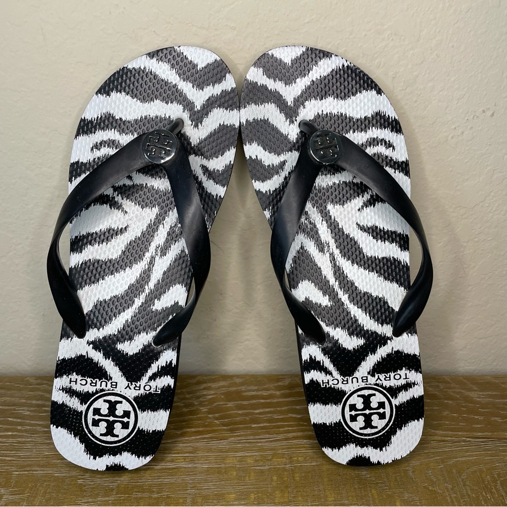 Tory Burch Black and White Zebra Platform Flip Flop Sandals Size 9.5